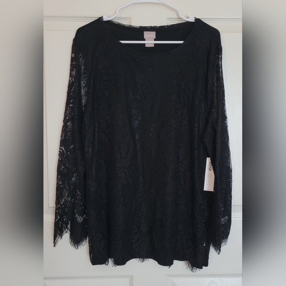 Chico's Black Lace Front Sheer Lace Longsleeve Pullover Blouse Size 2 - Picture 1 of 12